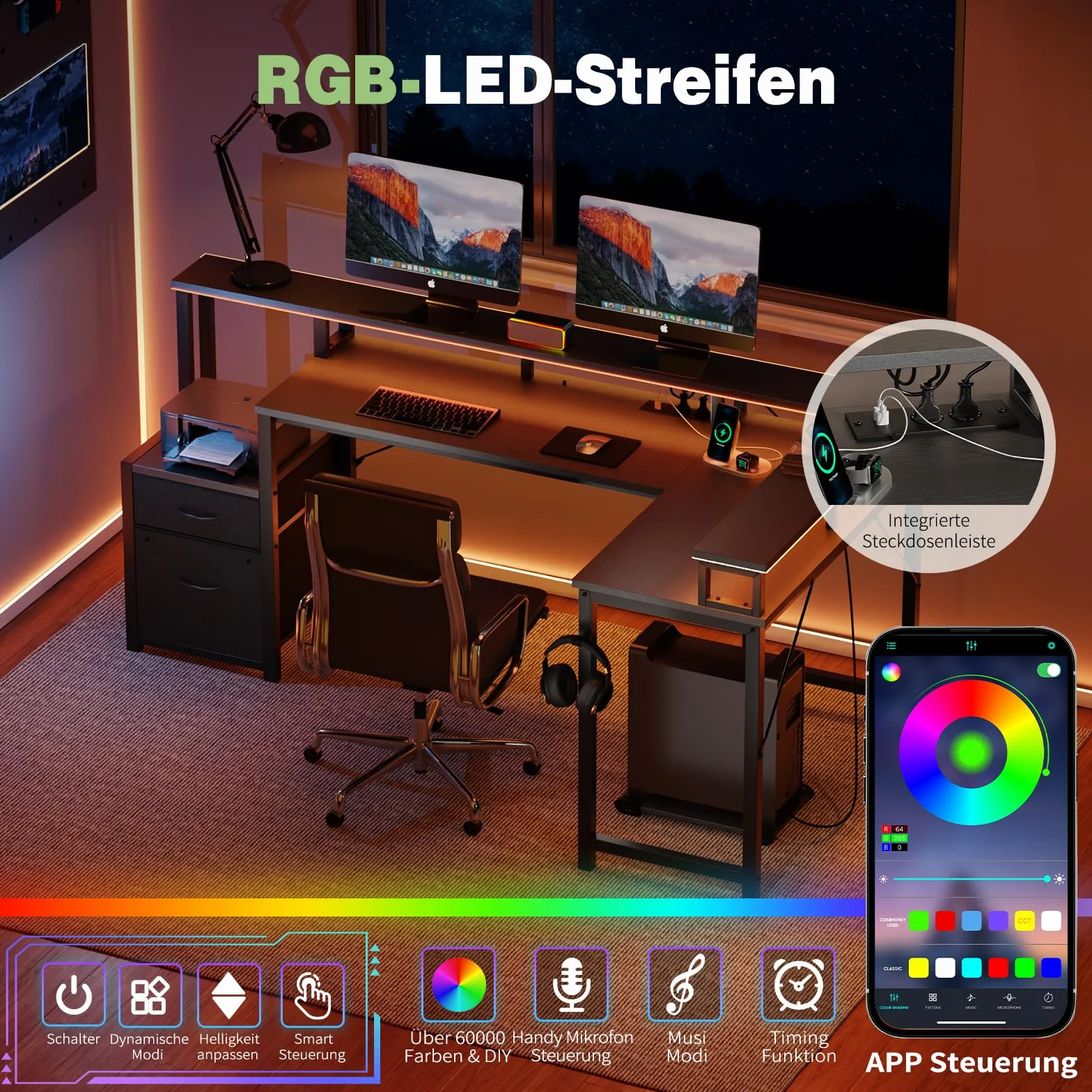 YOUDENOVA Biurko narożne z szufladami, w kształcie litery L, 168 x 100 cm, stolik gamingowy z diodami LED, biurko komputerowe z gniazdkiem i przyłączem USB do ładowania, kolor czarny