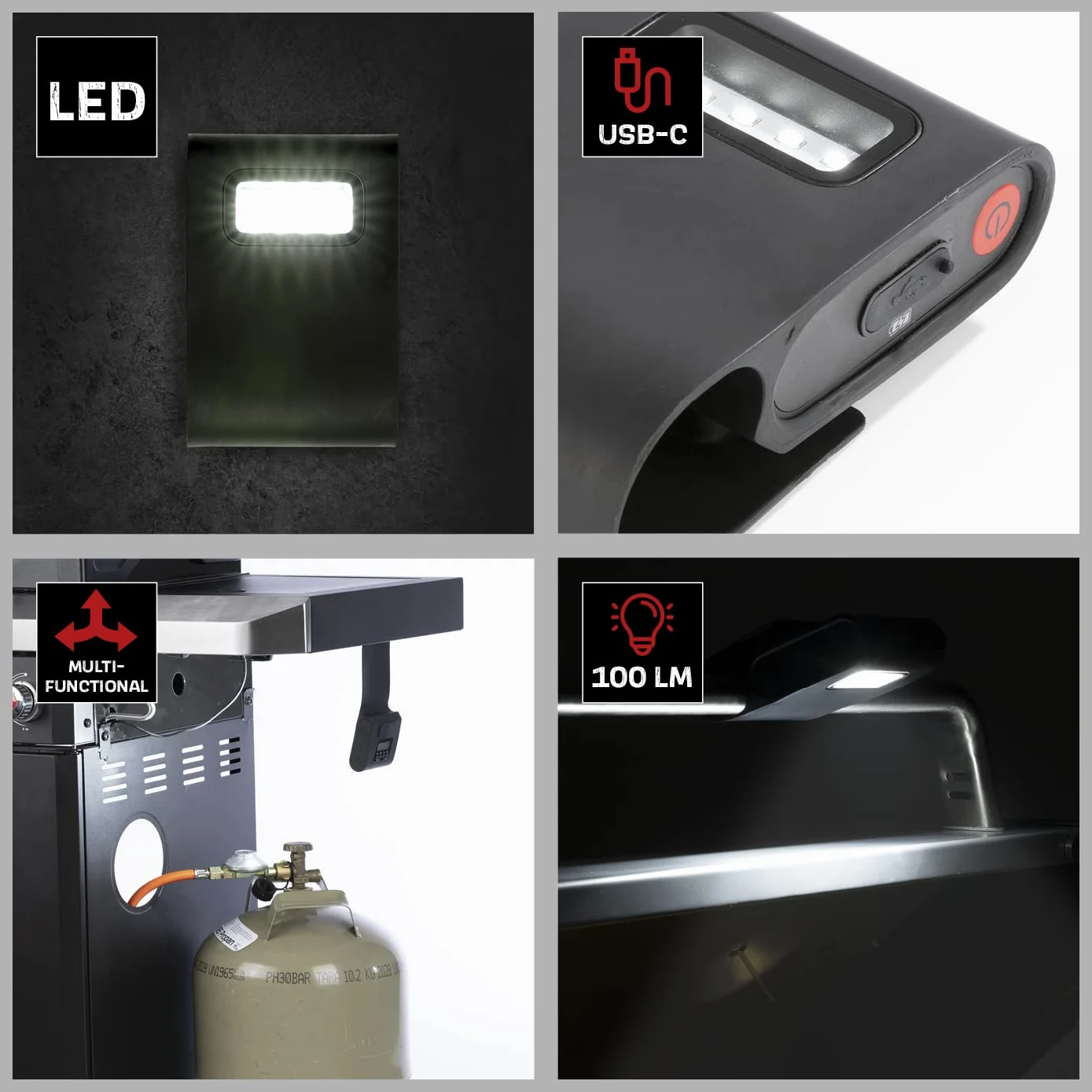 LANDMANN | Lampa magnetyczna do grilla | Energooszczędna technologia LED | Akumulator litowo-jonowy | Jasność: 100 lumenów | Funkcja timera | Czas pracy do 5 godzin