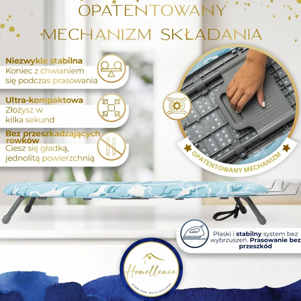 Homellence Kompaktowa Deska do Prasowania Stołowa z Mechanizmem Opatentowanym - Mała Składana Deska Mini Przenośna - Idealna do Mieszkania, Podróży, Wakacji - 2 Pokrowce Premium (Niebieska)
