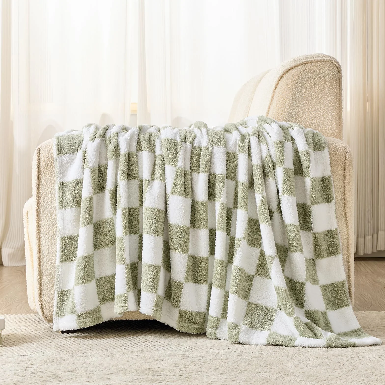 EMME Koc w kratę twin size 150 x 200 cm – zielony, miękki i puszysty koc dzianinowy z wzorem na kanapę, sofę, fotel, łóżko, do campingu, na piknik i w podróż
