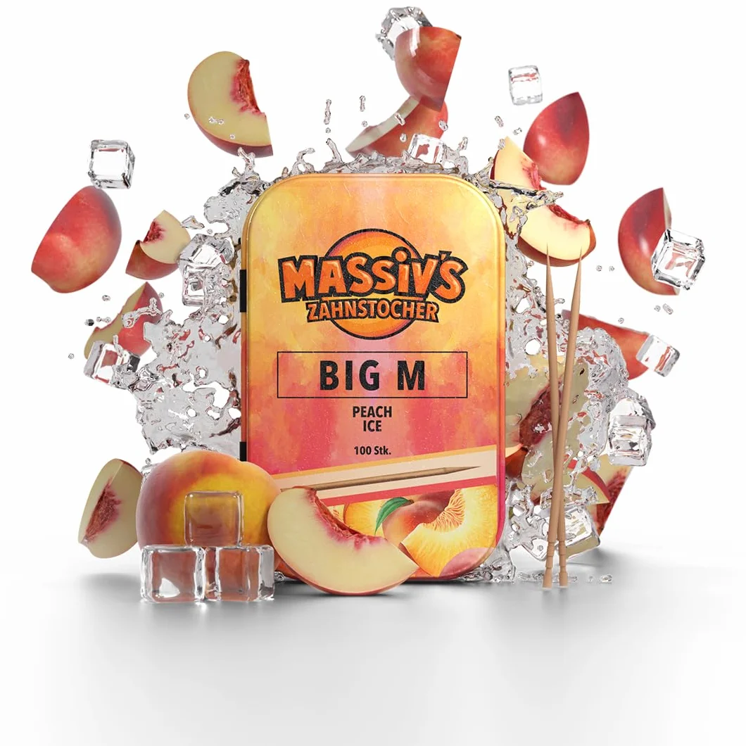 Massiv's Toothpicks Smakowe wykałaczki Big M Peach Ice 100 sztuk metalowa puszka Wegańskie bez cukru