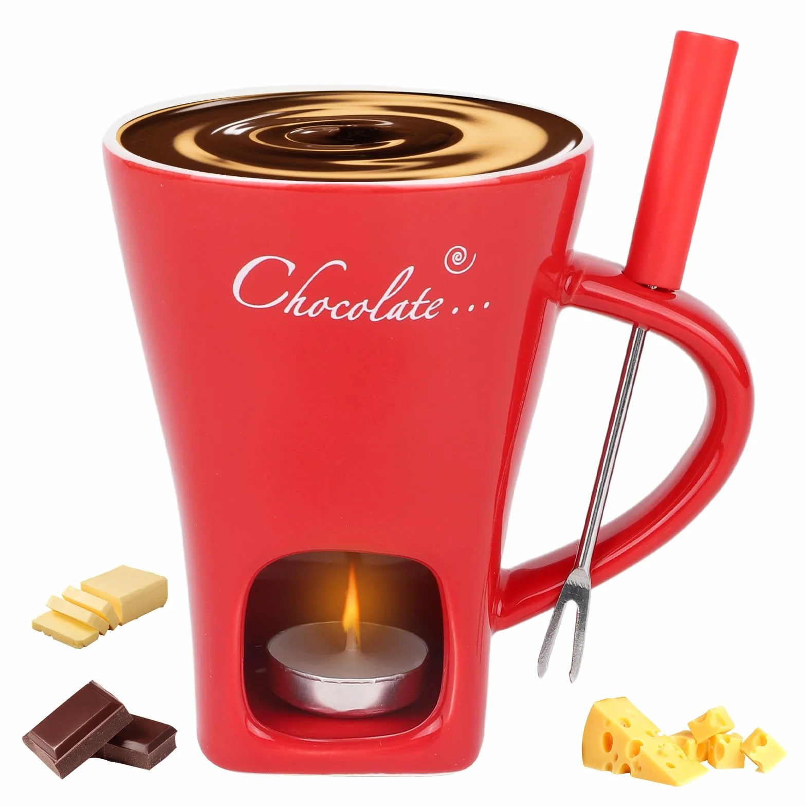 Kubek Fondue Czekoladowego Zestaw, Ceramiczny Mini Kubek do Rozpuszczania Czekolady z Widelcem i Podgrzewaczem do Świec na Słodkości Desery Idealny Randki Urodziny Prezent Ślubny (Czerwony)
