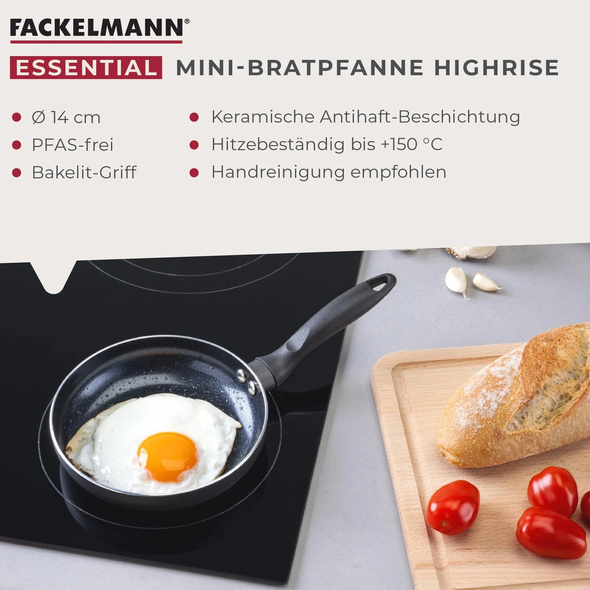 FACKELMANN Mini patelnia Essential Highrise średnica 14 cm – optymalna do małych potraw, odporna na piekarnik, z ceramiczną powłoką zapobiegającą przywieraniu