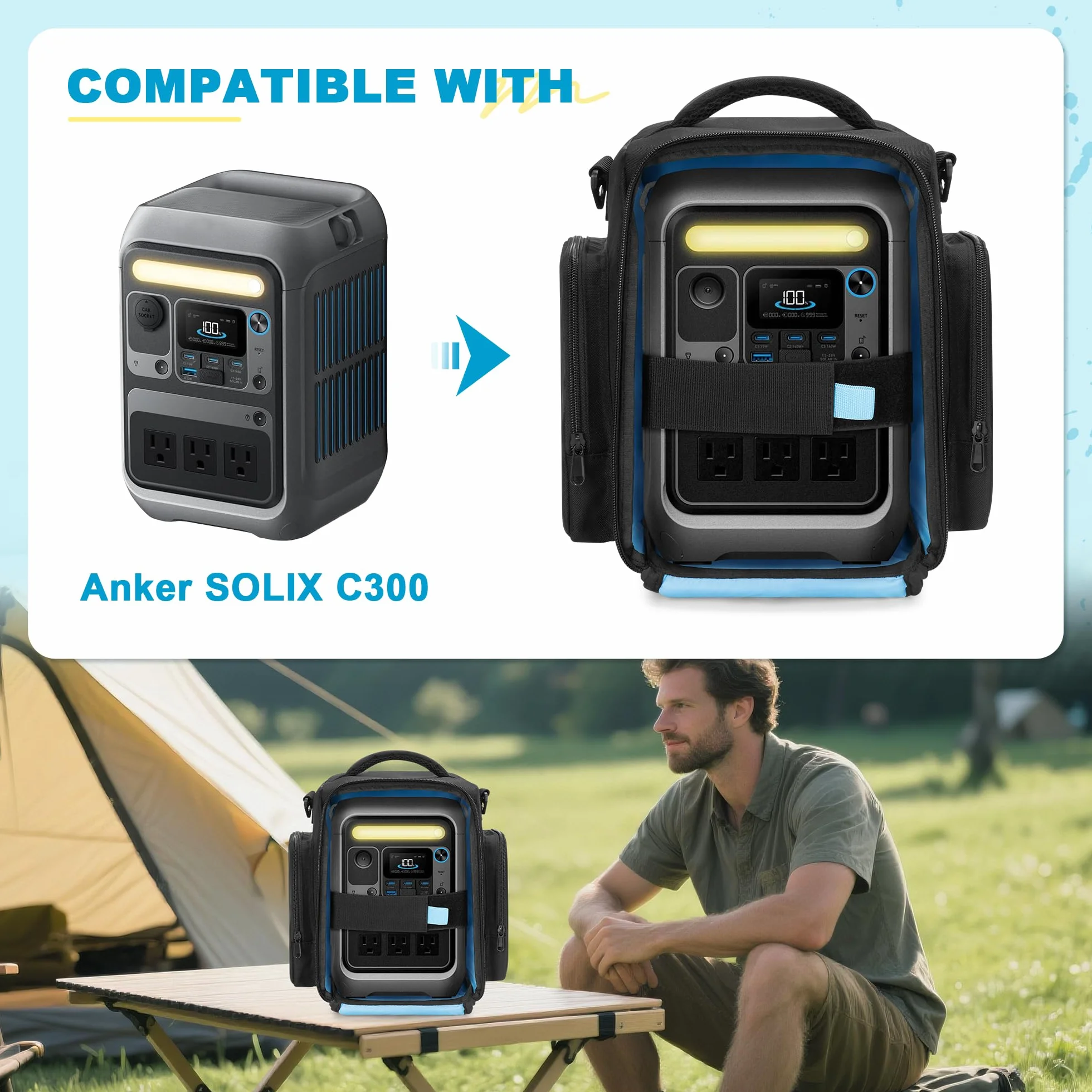 Trunab Torba kompatybilna z Anker SOLIX C300 Portable Power Station, outdoorowa torba generatora słonecznego z wieloma przegródkami, na kemping, w podróż i w sytuacjach awaryjnych
