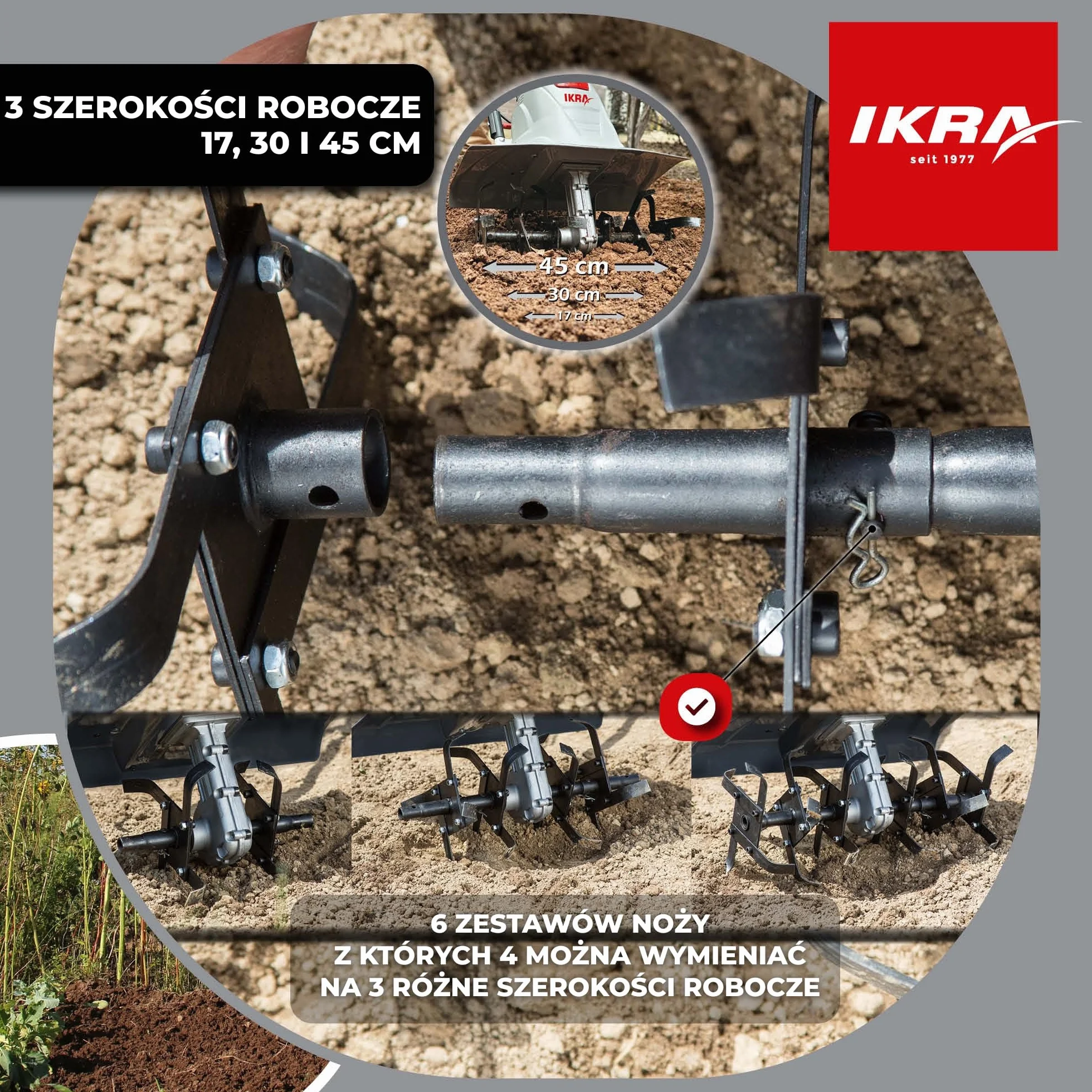 IKRA Glebogryzarka elektryczna FEM 1500 elastyczna szerokość robocza 17-45 cm głębokość robocza do 23 cm moc 1500 W