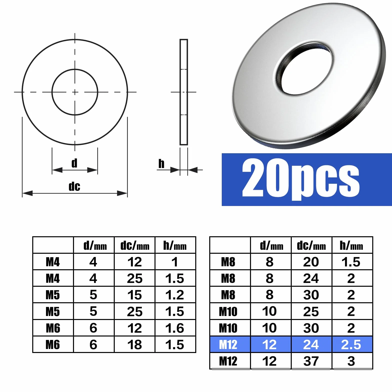 Podkładki M12 x 24 mm duże 20 sztuk podkładki ze stali nierdzewnej 304