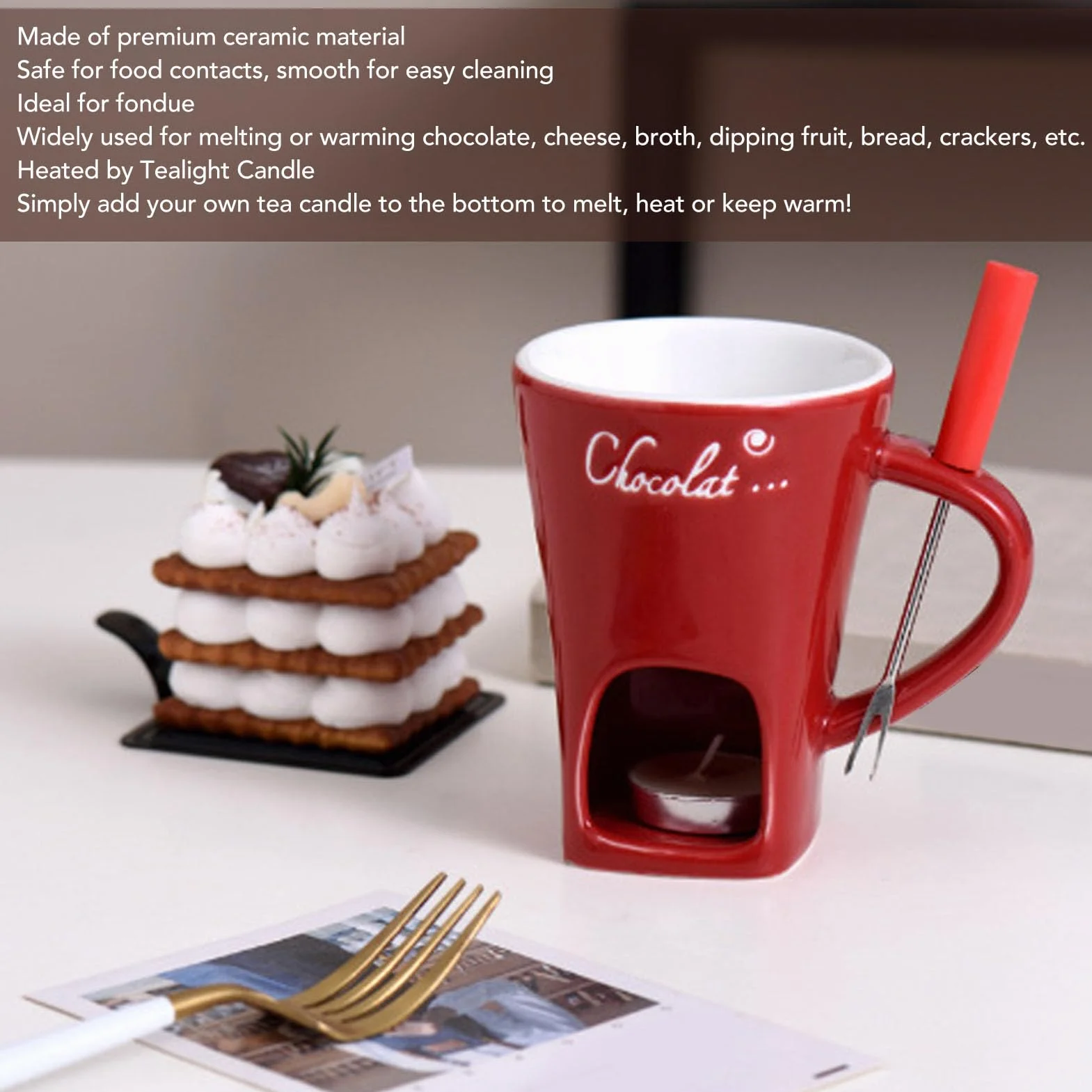 Ceramiczny Kubek do Topienia Czekolady Fondue z Widelcem, Czerwony