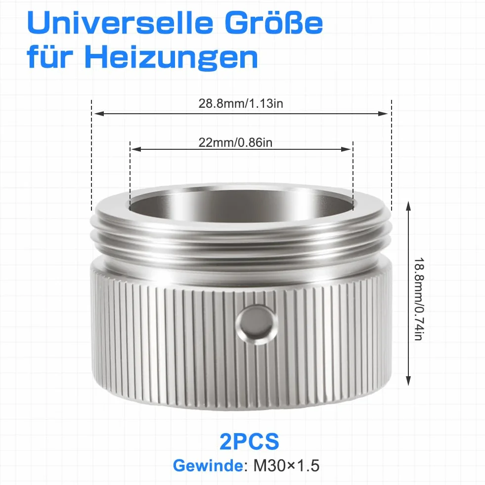 Adapter termostatu grzejnika do zaworów RA ze stali nierdzewnej (2 sztuki) - w zestawie śruby i klucz imbusowy - kompatybilny z Danfoss RA (20-23 mm) na M30 x 1,5 do głowic termostatu