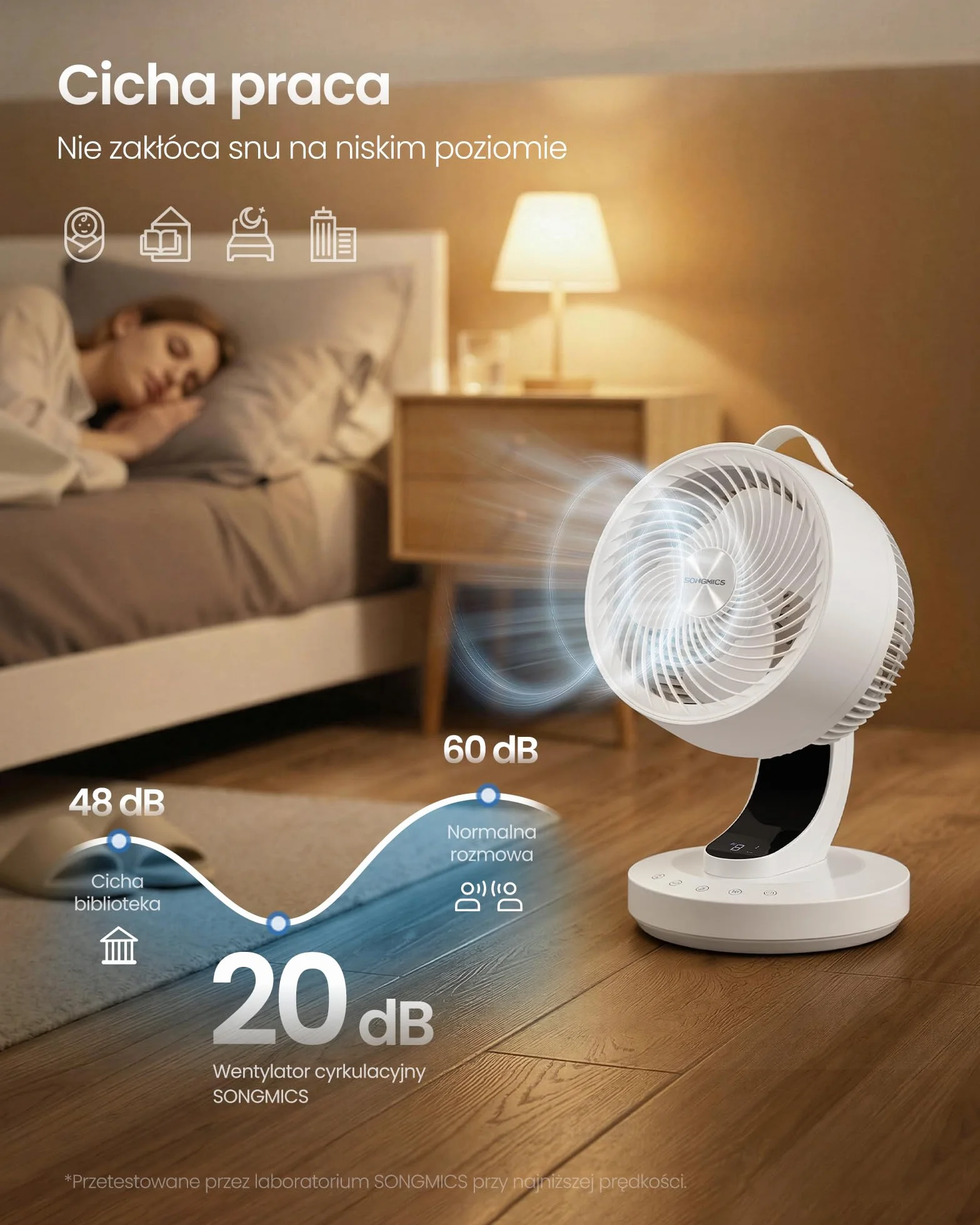 SONGMICS Cichy wentylator biurkowy 20 DB, pilot, cyrkulator powietrza, oscylacja 70°, 8 prędkości, timer 12 h, biały