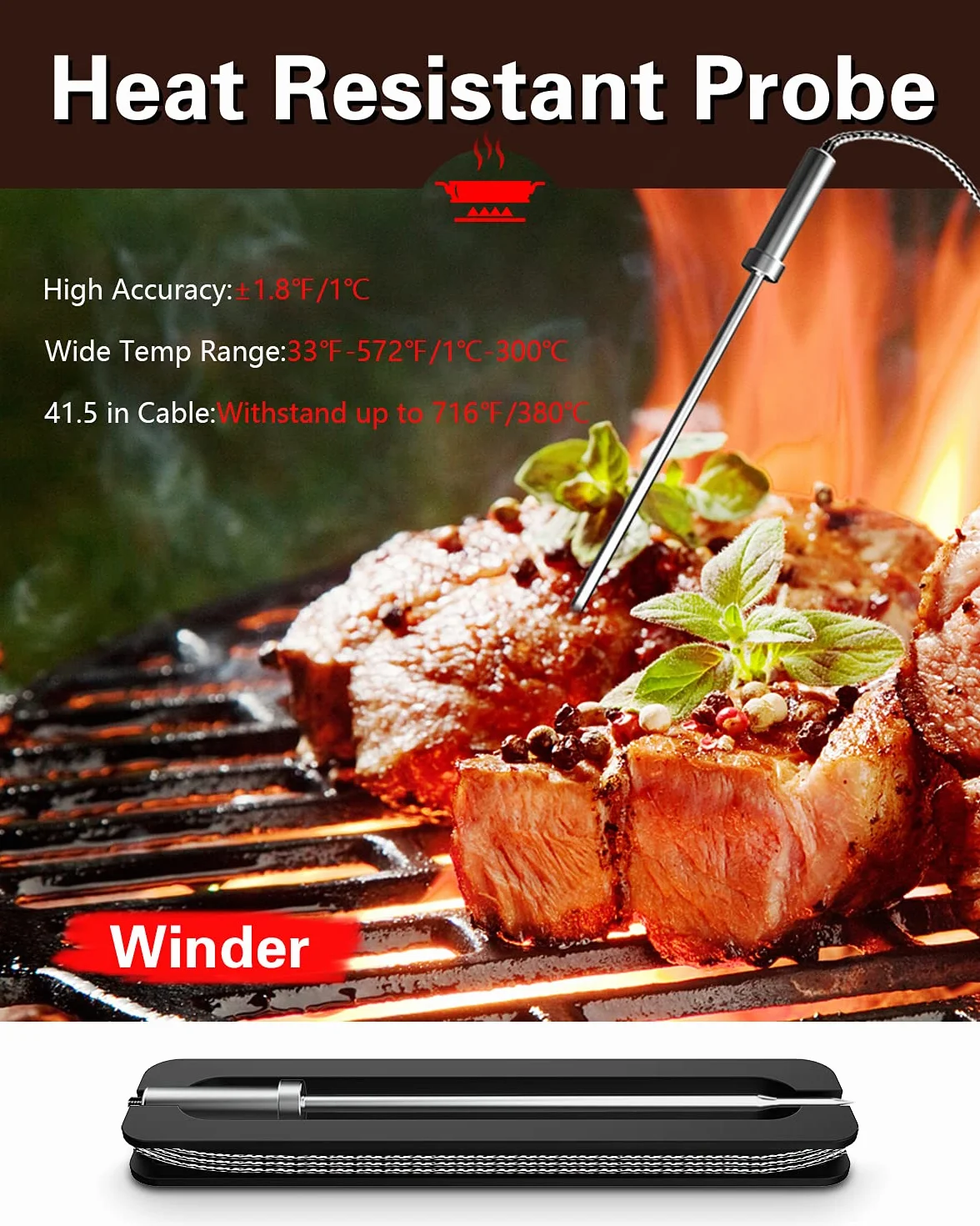 BFOUR termometr do grilla Bluetooth, cyfrowy termometr radiowy z 2 sondami, termometr do mięsa, termometr do pieczenia, 2 czujniki temperatury z alarmem, prezent do kuchni, do piekarnika, do mięsa i płynów
