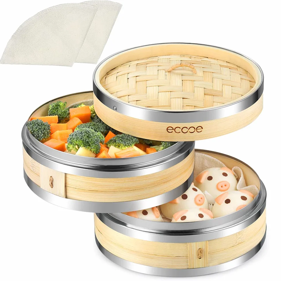 ecooe Bambusowy kosz do gotowania na parze z 2 bawełnianymi ściereczkami, bambusowy parownik do warzyw, dim sum, ryb i mięsa (średnica 20 cm)