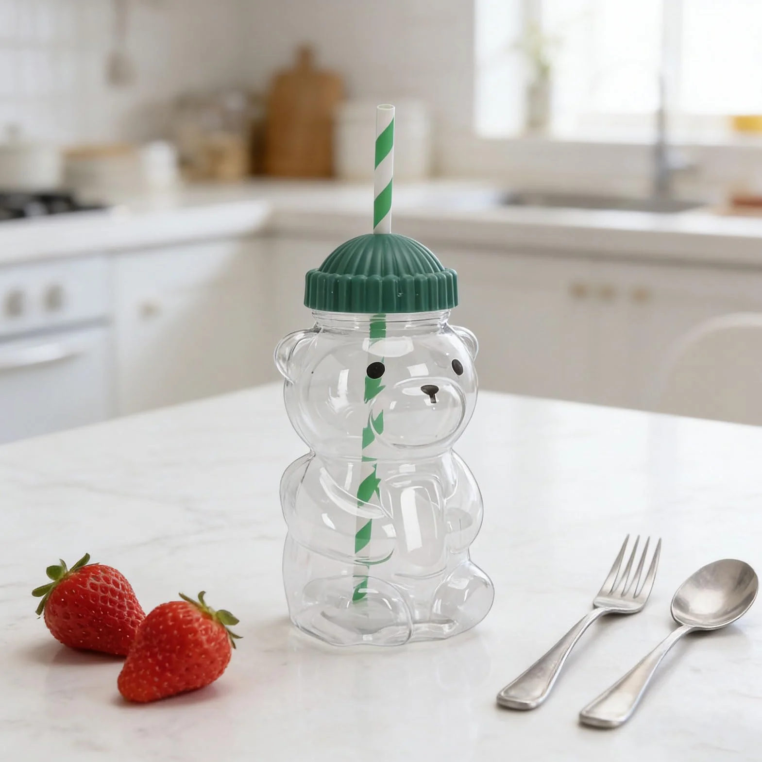 Wakects Kubek Miś 3D, Przezroczysty Kubek do Picia ze słomką 450 ml