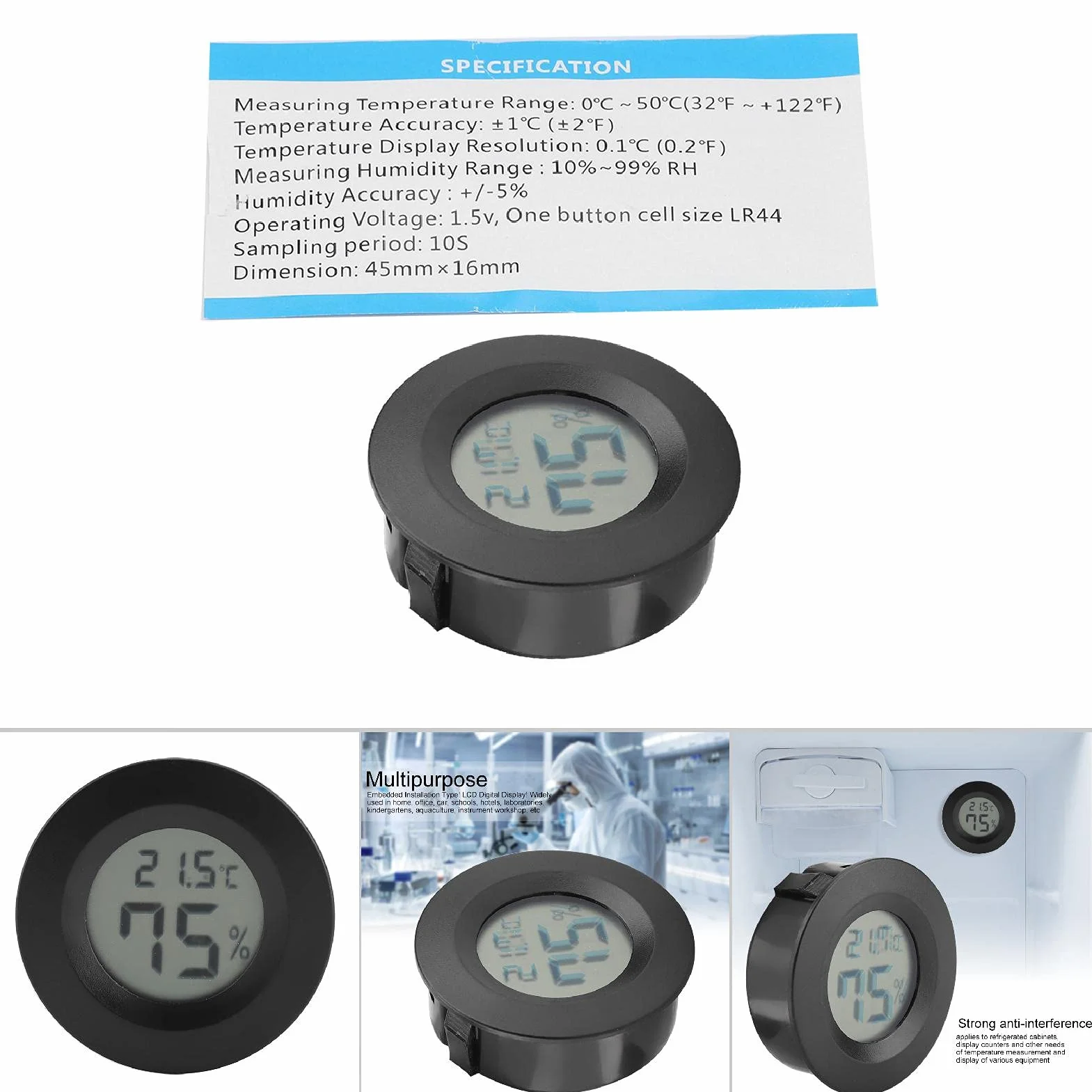 Mini termometr Okrągły kształt Temperatura Cyfrowy monitor LCD Wewnętrzny okrągły miernik temperatury wilgotności do humidorów Domowa szklarnia Babyroom Inkubator gadów (czarny)