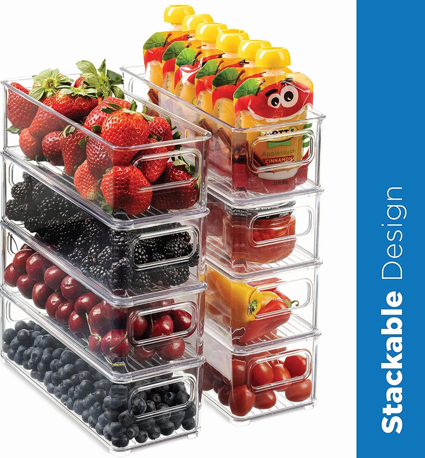 Piqiuqiu Organizer do lodówki, zestaw 2 sztuk, pojemniki na zapasy z uchwytem, system organizacji lodówki, wymiary 25 x 9,5 x 7,5 cm