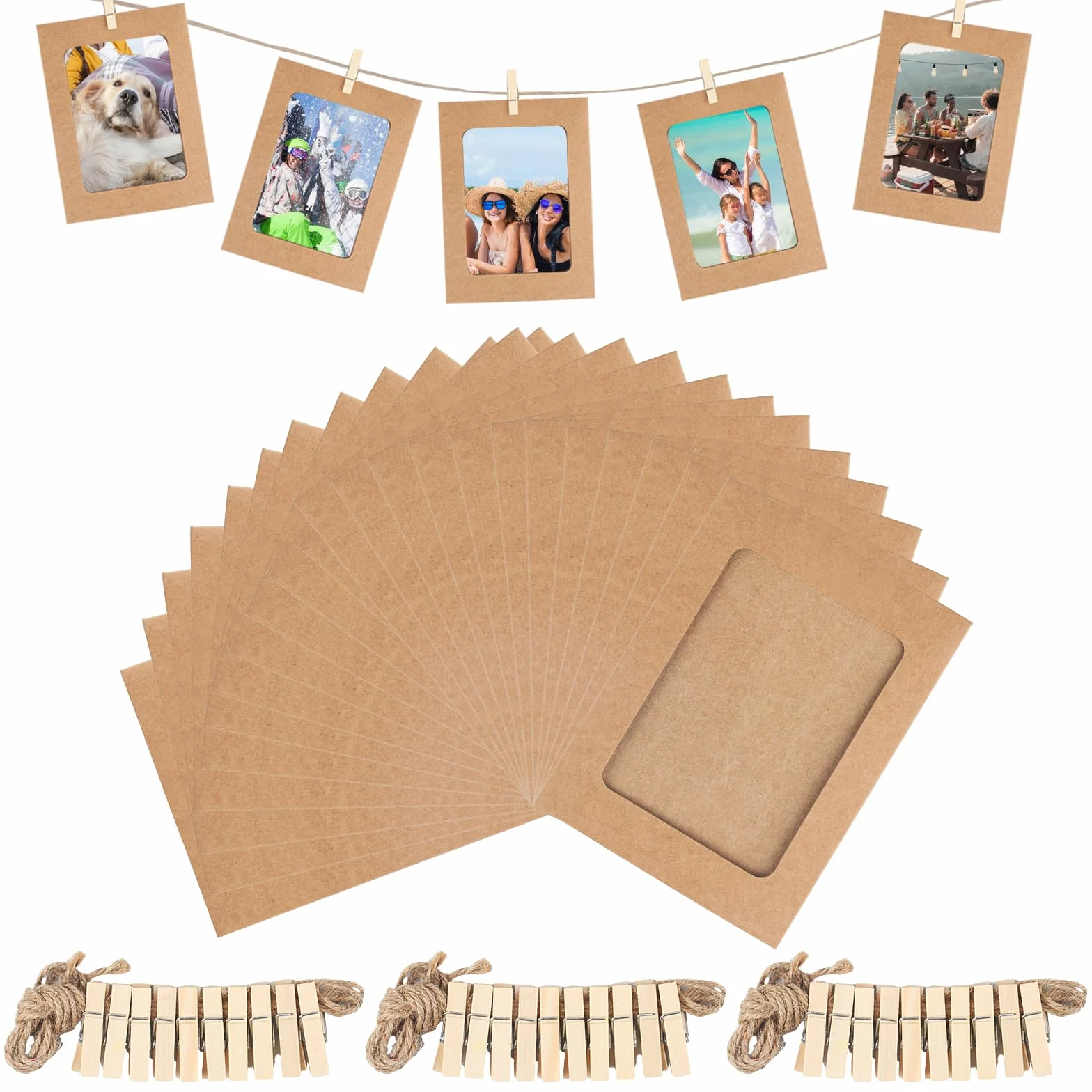 30 szt. papierowych ramek na zdjęcia, z papieru typu kraftowego, 15,2 x 11,5 cm, kartonowa ramka na zdjęcia do majsterkowania, girlanda do zawieszenia z drewnianymi klamerkami i liną konopną do