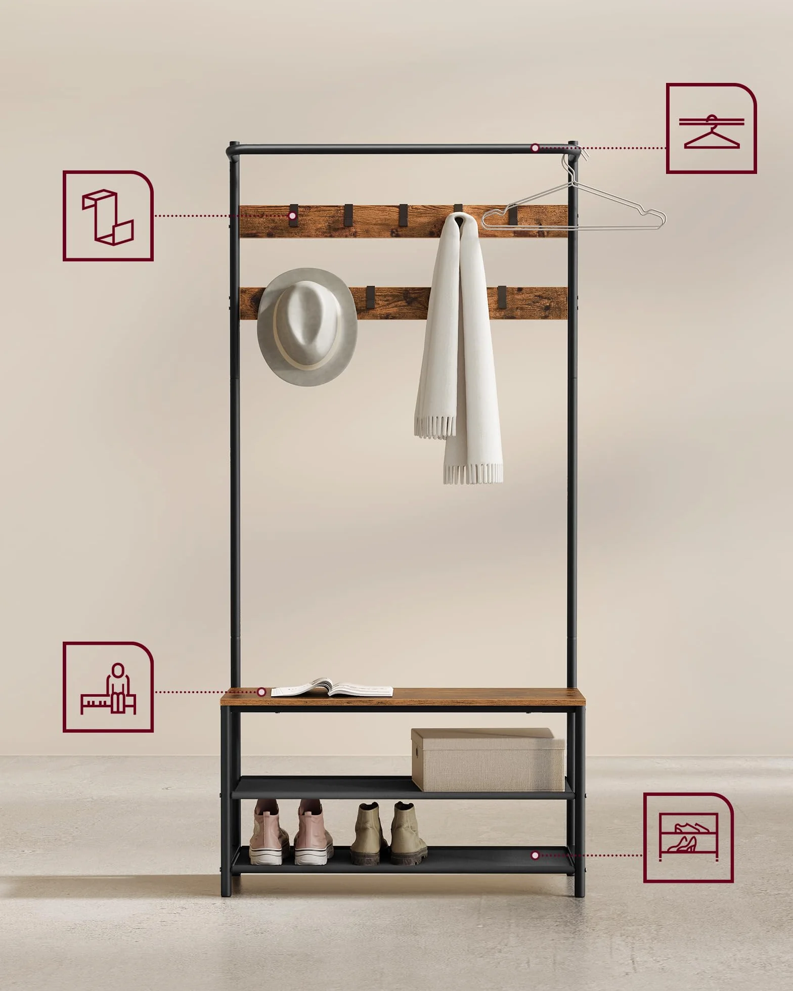 VASAGLE Wieszak na ubrania do przedpokoju z ławką na buty, wieszak na ubrania z 9 zdejmowanymi haczykami i drążkiem na ubrania, 32,2 x 84 x 180 cm, sypialnia, industrialny, brązowy i czarny HSR421B01