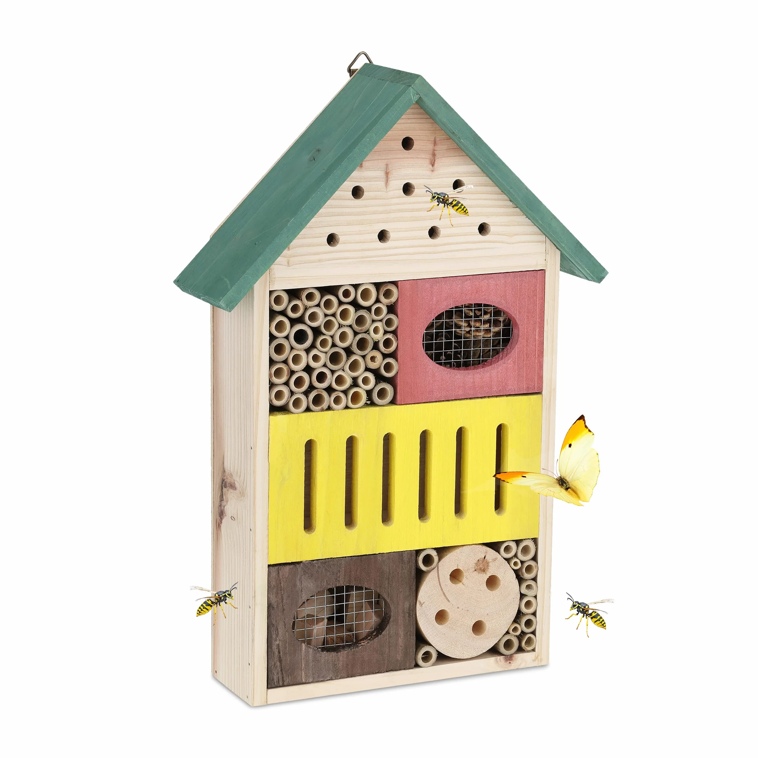 Relaxdays Drewniany domek dla owadów, ogród i balkon, domek dla owadów do zawieszenia, wys. x gł.: 37,5 x 25,5 x 8 cm, domek dla motyli, kolorowy
