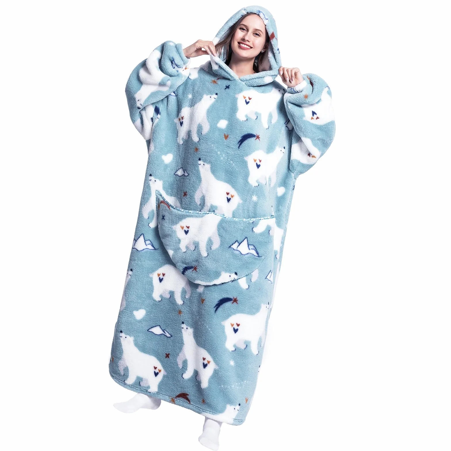 Damskie bluzy z kapturem, długi koc z kapturem, koc z rękawami, bluza z kapturem, oversize, koc z rękawami, sweter bożonarodzeniowy, ciepły koc do zakładania, Eisbär, jeden rozmiar
