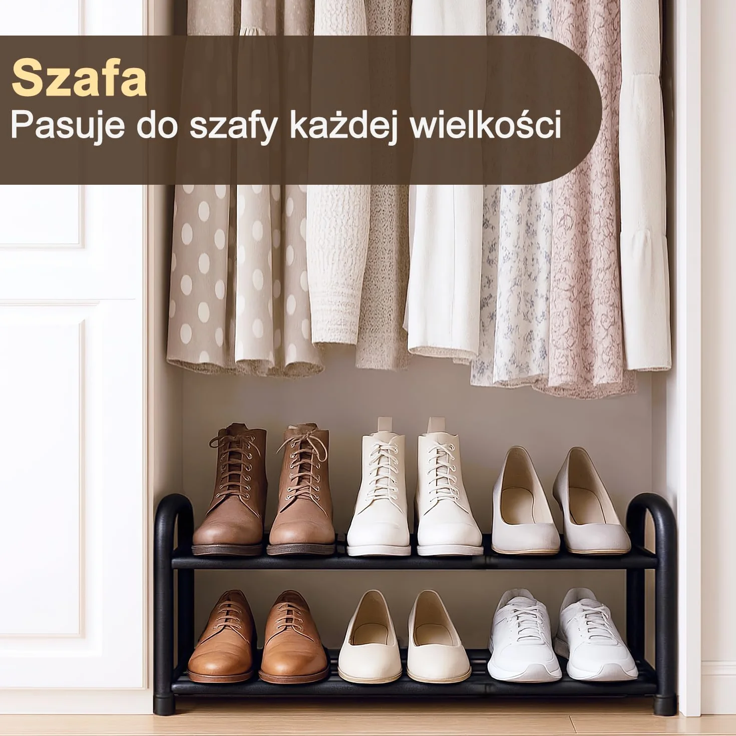 MIKOYO 2 Poziomowa Rozkładana Wąska Półka na Buty, Czarny Metal, Regulowana Szerokość 43–78 cm, Stojak do Przechowywania Butów, Idealny do Szaf, Wąskich Przestrzeni, Przedpokoju, Korytarza, Sypialni