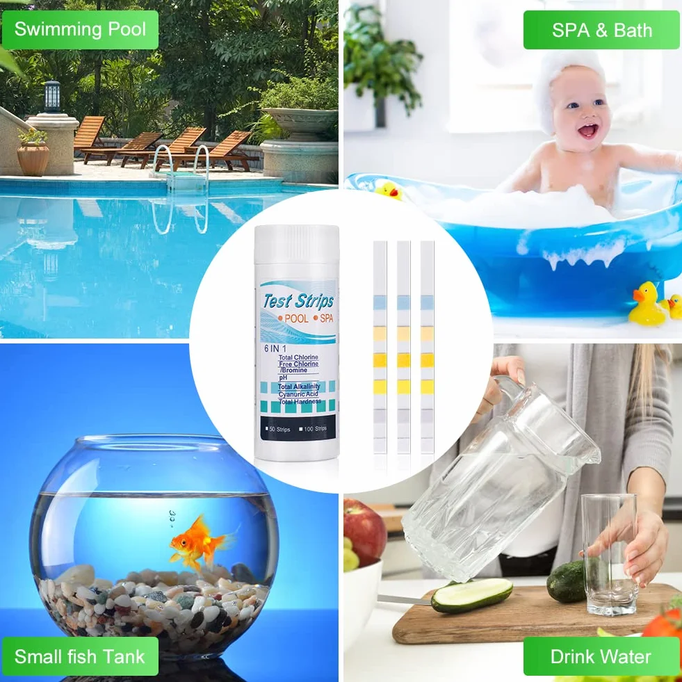 Flintronic Zestaw 50 pasków testowych do kontrolowania jakości wody basenowej 6 w 1, do chloru, bromu, PH, zasadowości całkowitej, twardości, kwasu cyjanurowego, paski do spa i basenu