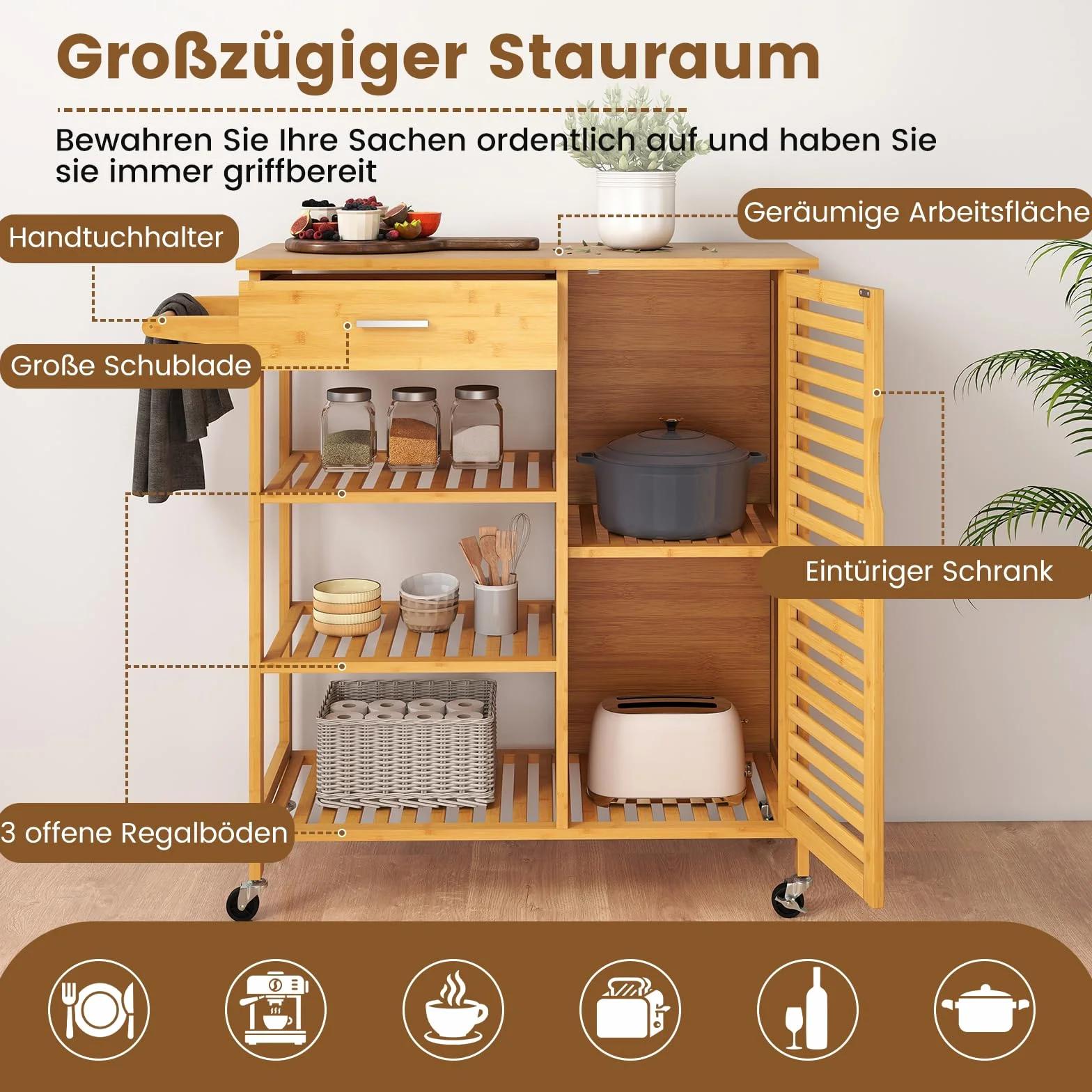 COSTWAY Wózek kuchenny z drewna bambusowego, szafka kuchenna na kółkach, wózek do serwowania z szufladą, 3 półki, wieszak na ręczniki i 1 szafka z drzwiami listwowymi, wózek do kuchni jadalni, 91 x 44