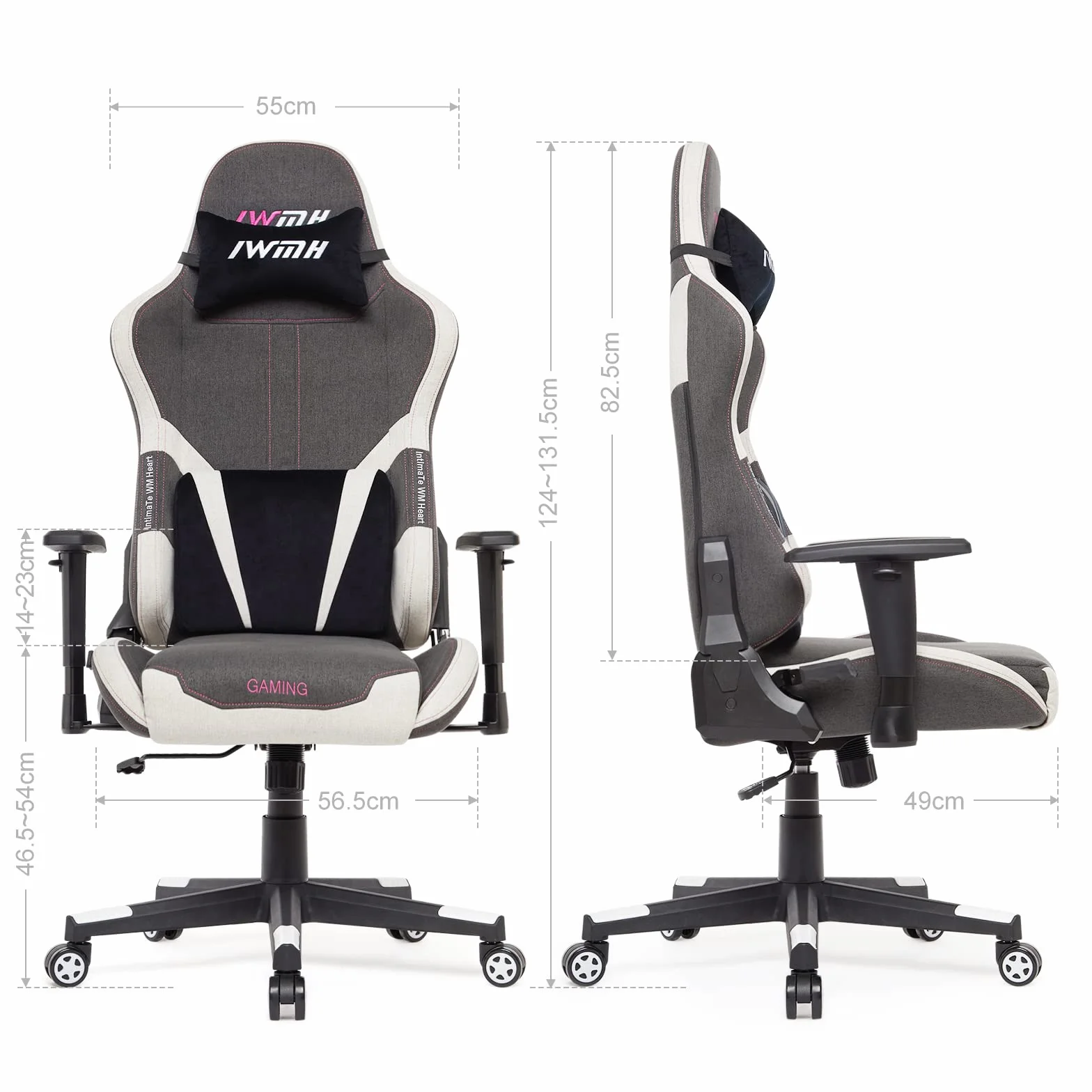 Intimate WM Heart Fotel gamingowy, gamingowy, ergonomiczny fotel obrotowy, z wysokim oparciem, krzesło komputerowe z funkcją przechylania, jasnoszare, białe, 49 x 56 x 131 cm