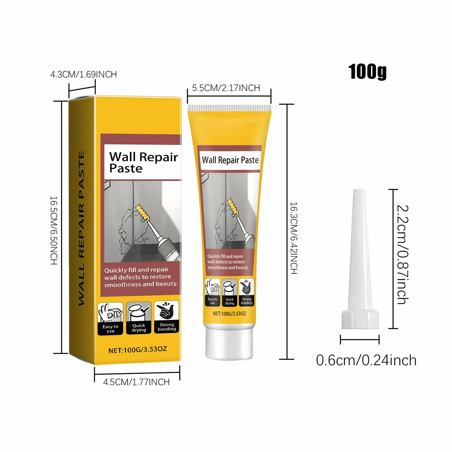 Wall Repair - Wall Crack Repair Paste | 100g Drywall Hole Crack Fix Filler, Quick-Dry Formula with Clean finish, Walls Mending Cream for Ceilings, Corners Damage