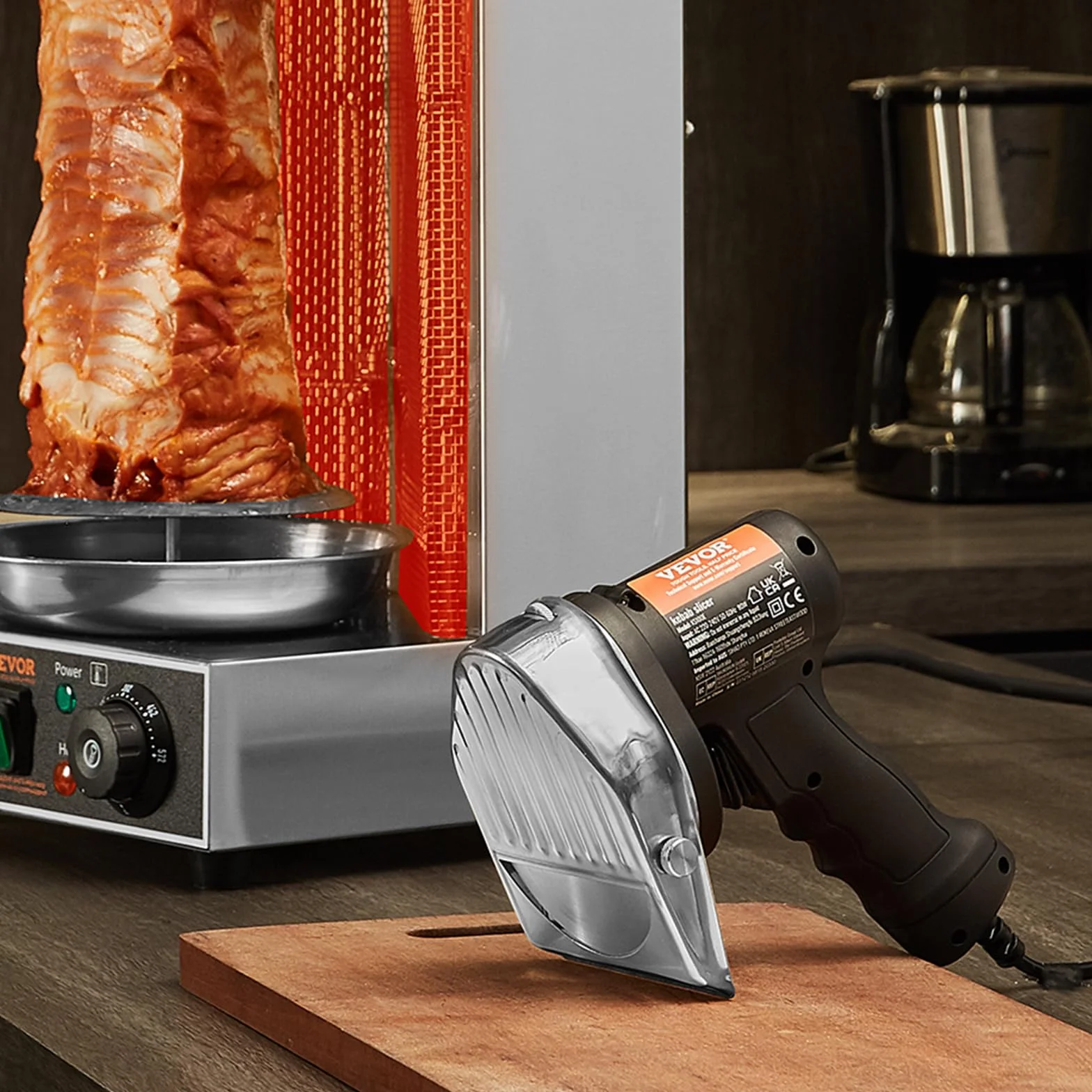 VEVOR Elektryczny nóż do kebabu 80 W, turecka krajalnica do mięsa Shawarma Döner Kebab ze stali nierdzewnej, z 2 ostrzami o średnicy 100 mm, regulowana grubość 0–8 mm, do restauracji, baru