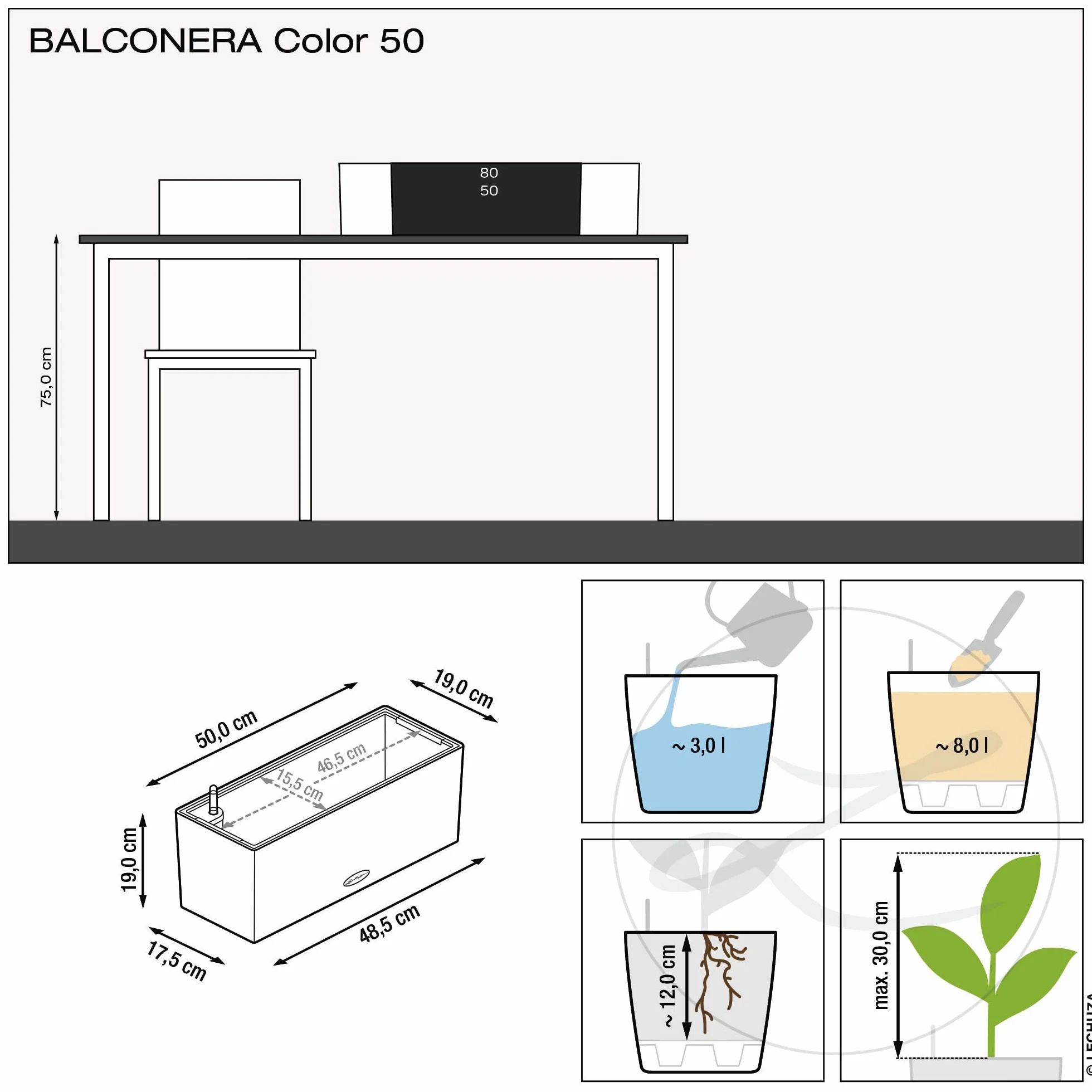 Lechuza Donica, System Nawadniania, Balconera Kolor 50 Biały, 15670