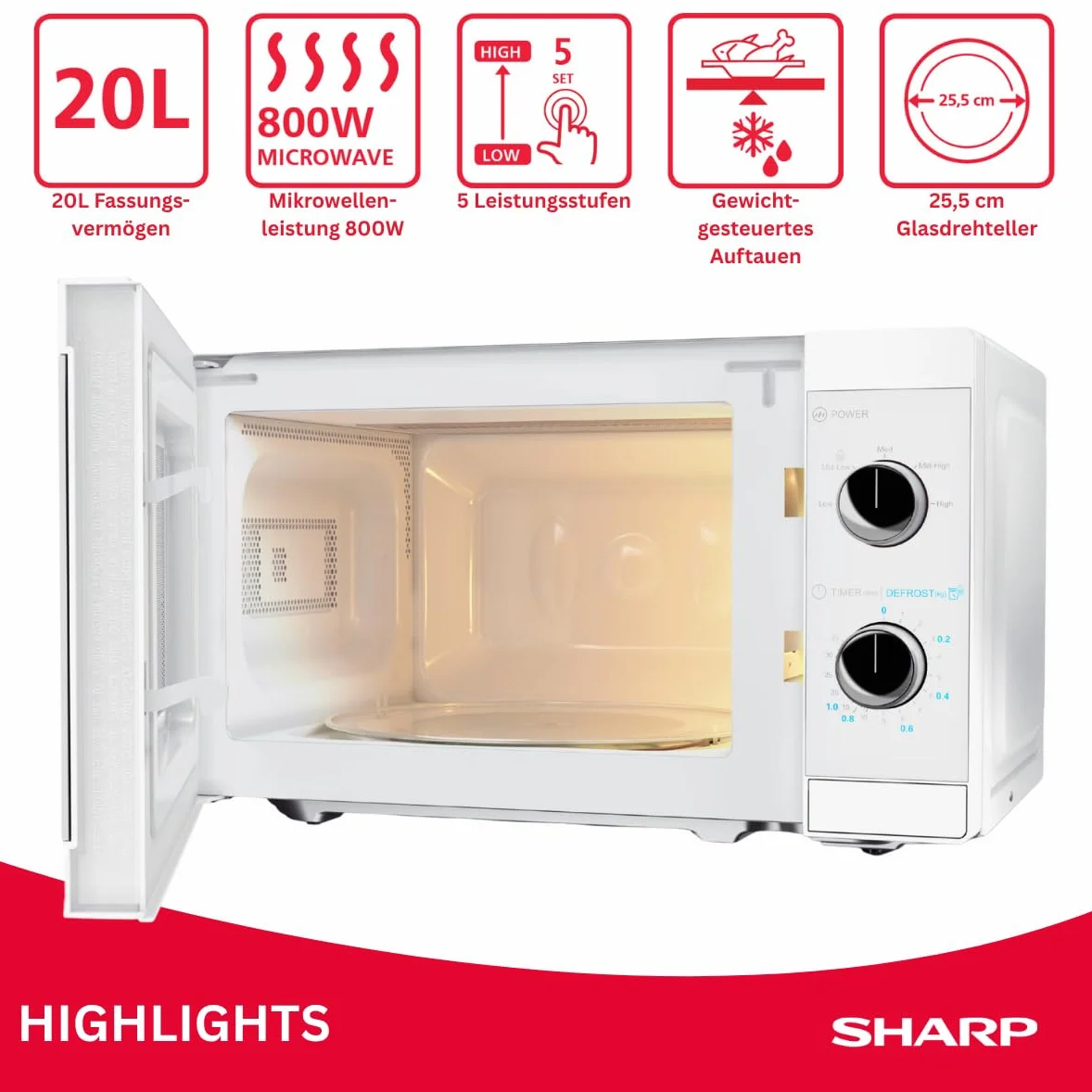 Kuchenka mikrofalowa 800 W 20 l 5 poziomów mocy sterowanie mechaniczne