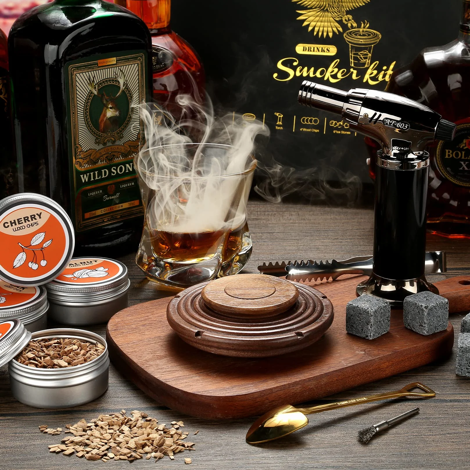 Prezenty dla mężczyzn – zestaw do wędzenia whisky z 4 drewnianymi wiórami do whisky, burbona, zestaw do wędzenia koktajli Old Fashioned, prezenty whisky dla taty, męża i miłośników koktajli