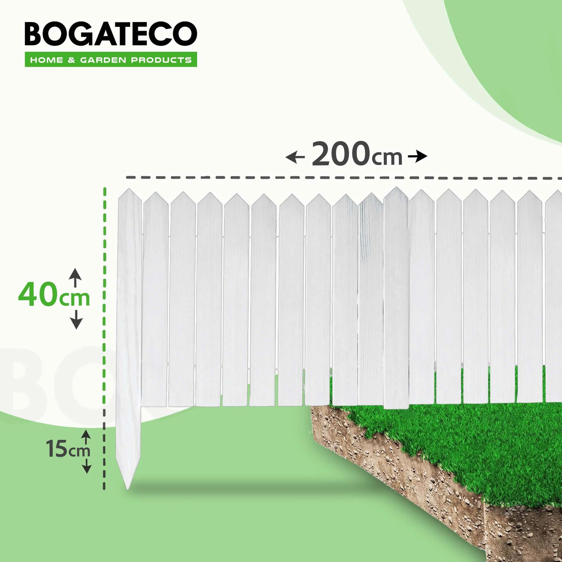 BOGATECO Drewniane obramowanie rabatki, płot rolowany, wysokość 40 cm i długość 200 cm, płot sztachetowy, idealnie nadaje się jako obramowanie grządek lub ścieżek, kolor biały